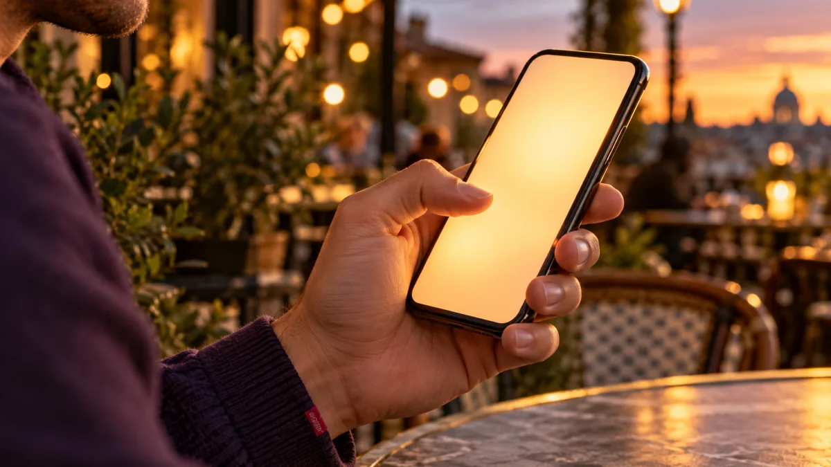 Comment draguer une fille par SMS : un homme tient son téléphone sur une terrasse de café au crépuscule
