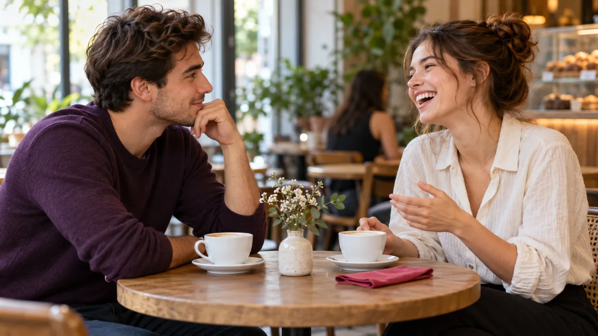 Comment plaire à une fille : un jeune homme écoute, elle éclate de rire, à la table d'un café