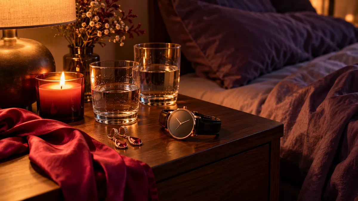 Coucher le premier soir : deux verres, une bougie, une montre et des boucles d'oreilles sur une table de chevet
