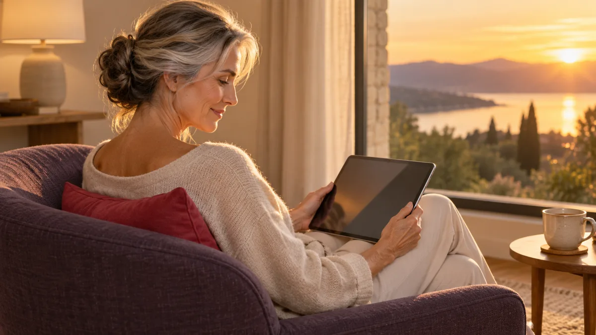 Disons Demain gratuit : une femme d'une cinquantaine d'années consulte sa tablette dans un fauteuil, face à un coucher de soleil