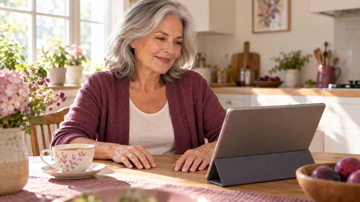 Une femme aux cheveux gris sourit devant sa tablette, attablée dans une cuisine ensoleillée, une tasse de thé à côté d'elle
